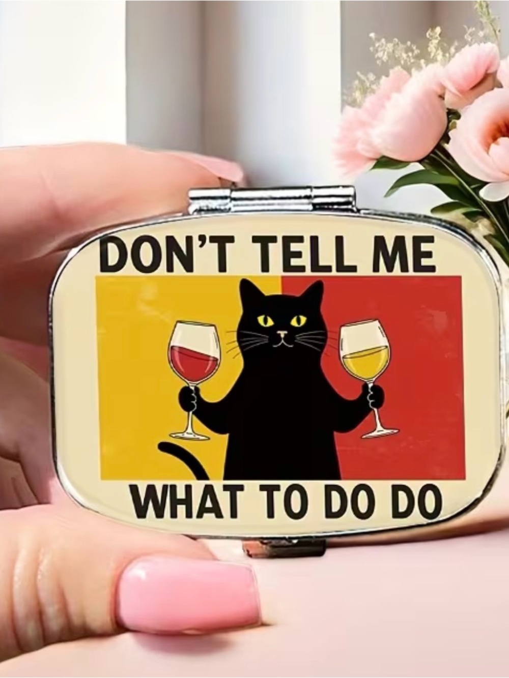 Black Cat Wine Pill Box - Pink Accent